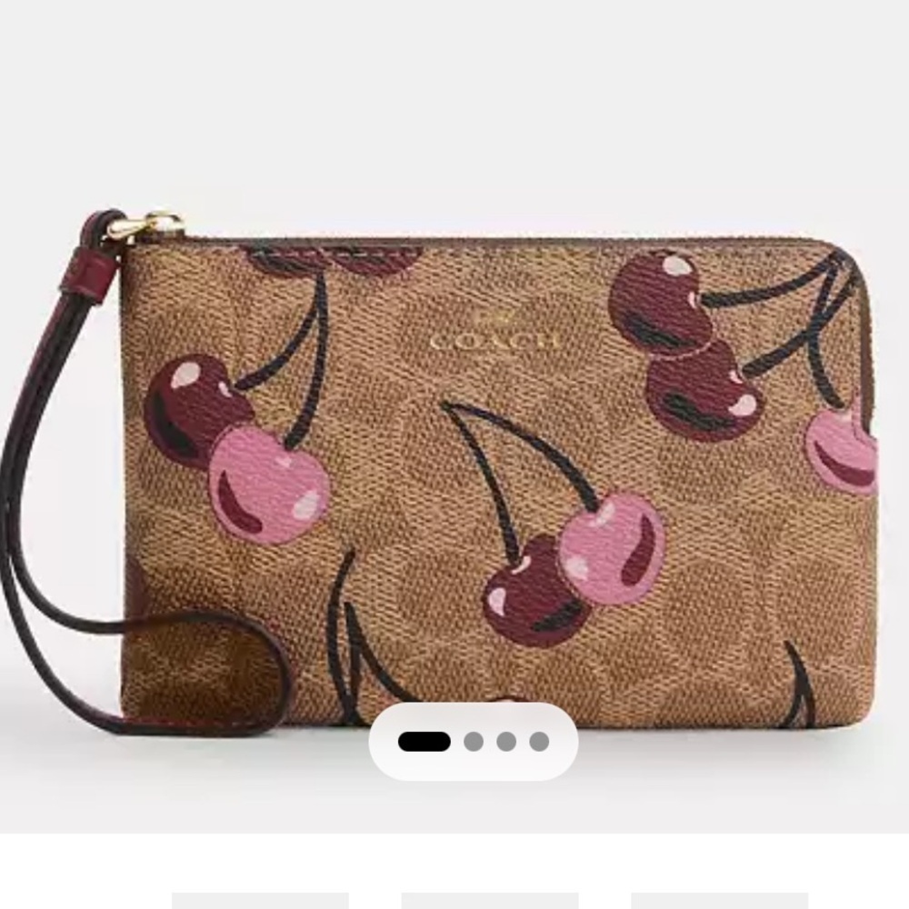 Coach Corner Zip Wristlet In Signature Canvas With Cherry Print - Picture 4 of 7